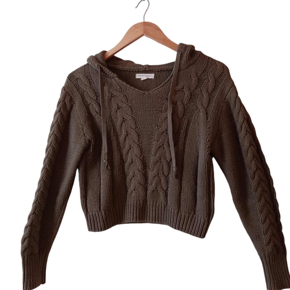 Aeropostale Cropped Olive cable knit pull over hooded sweater womens small